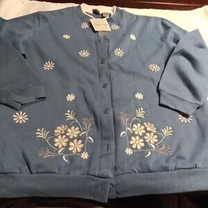 Baxter and Well Cotton Button-Up Cardigan Blue Size 1XL Embroidered Flowers NWT